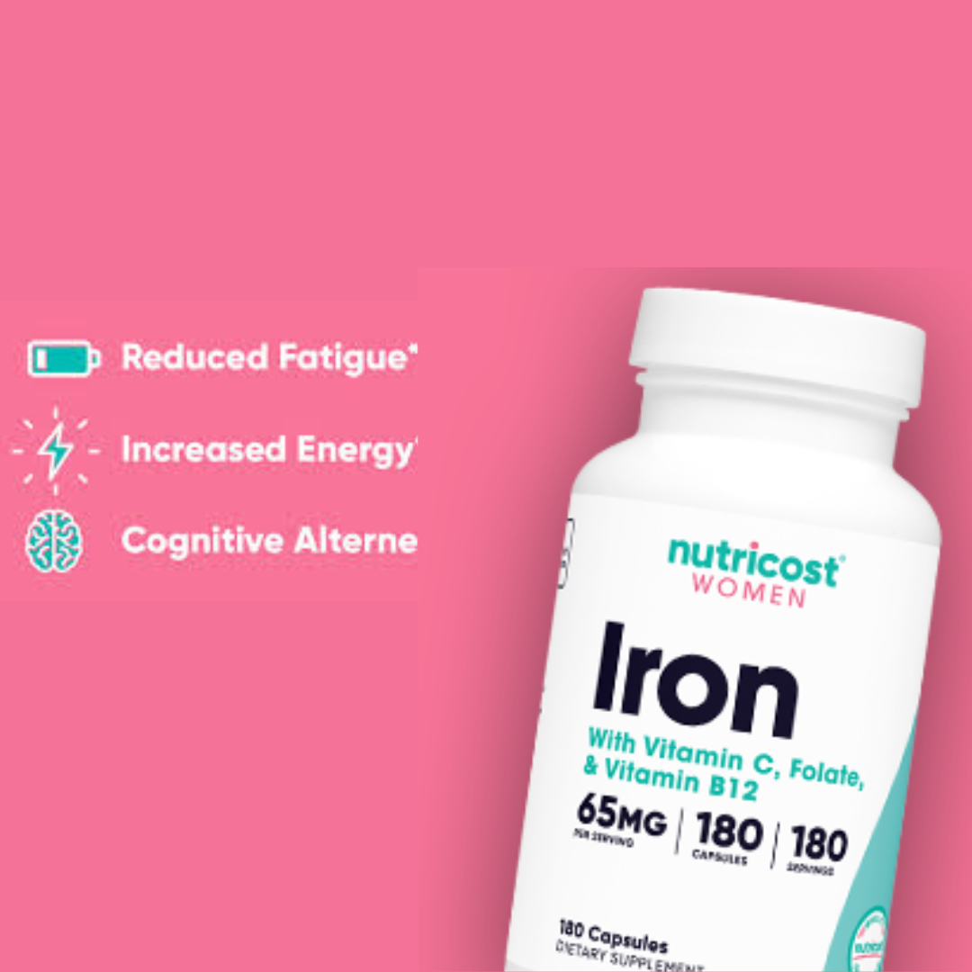 Nutricost Iron for Women 65mg with Vitamin C Folate & Vitamin B12 180 Capsules