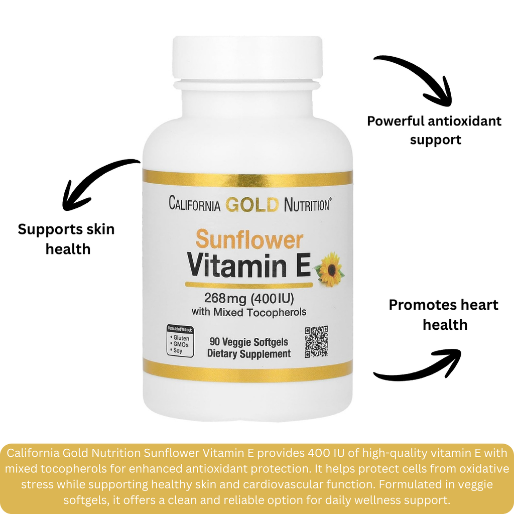 California Gold Nutrition Sunflower Vitamin E with Mixed Tocopherols, 400 IU 90 Veggie Softgels