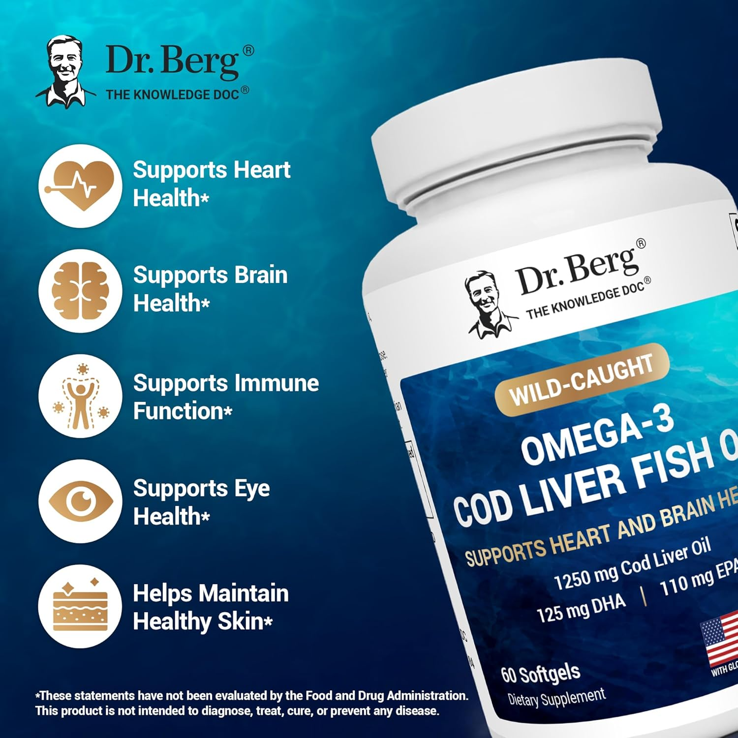 Dr. Berg Maximum Strength Omega-3 Cod Liver Fish Oil 1250 mg - 60 Softgels