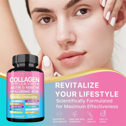 Collagen Capsules Type I, II, III, V and X with Biotin Keratin and Hyaluronic Acid - 120 Count