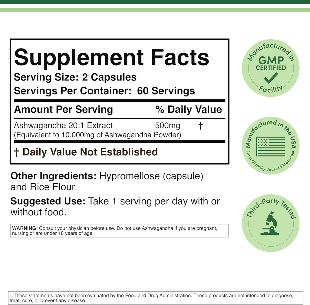 Double Wood Ashwagandha Capsules 500mg 120 Count