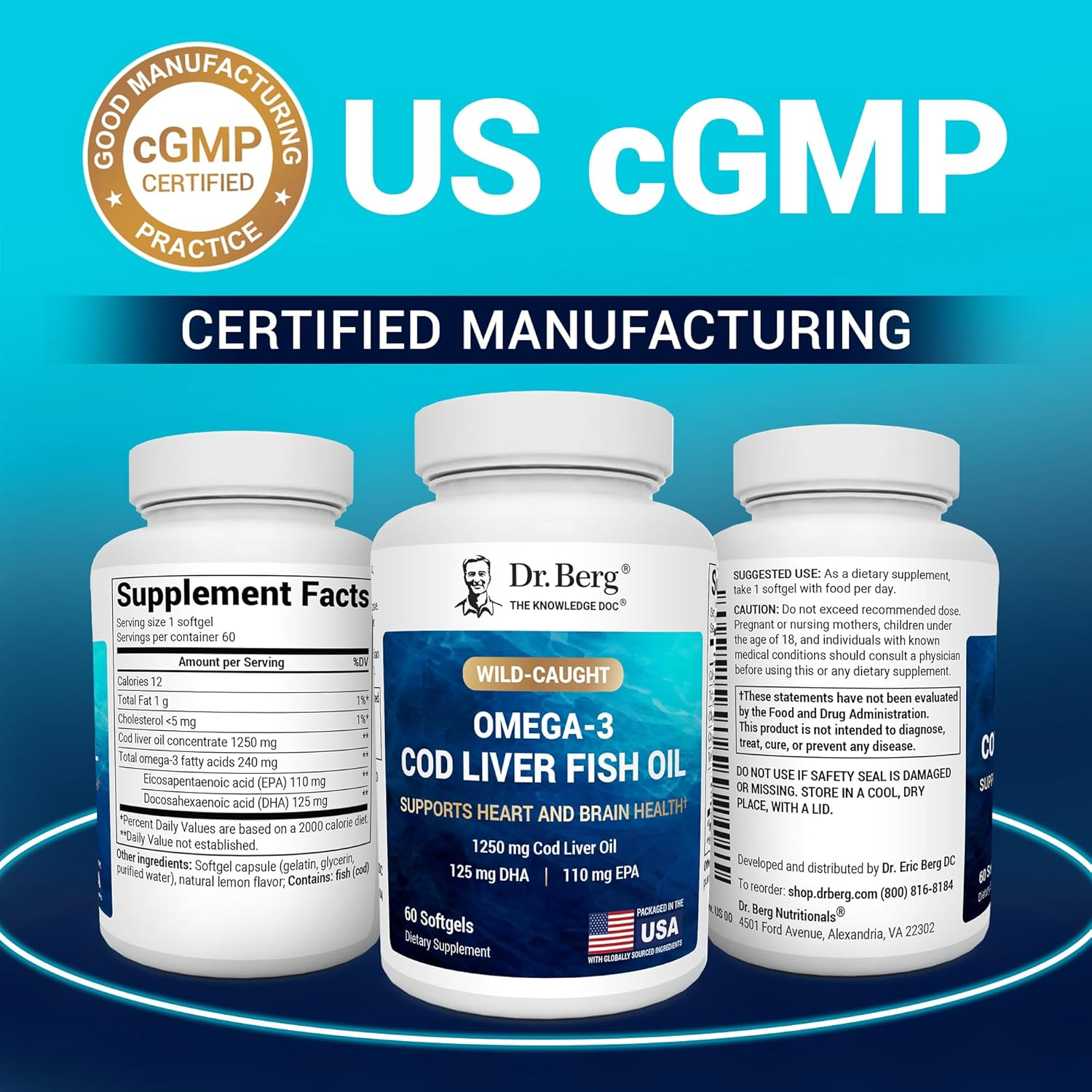 Dr. Berg Maximum Strength Omega-3 Cod Liver Fish Oil 1250 mg - 60 Softgels