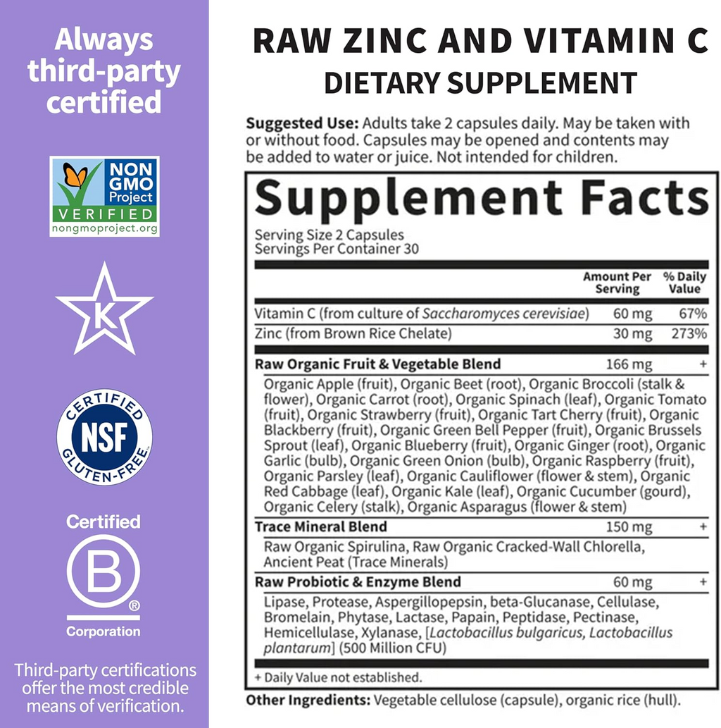 Garden of Life Vitamin Code RAW Zinc with Vitamin C, 60 Vegan Capsules