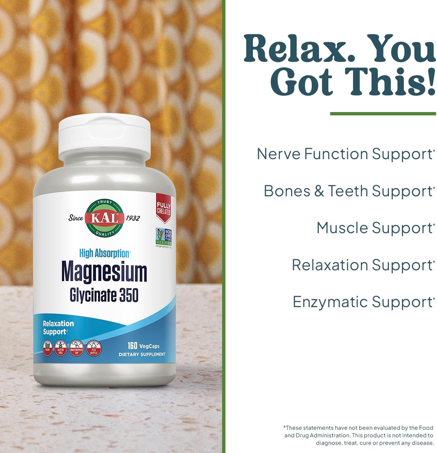 KAL High Absorption Magnesium Glycinate 350, 160 VegCaps