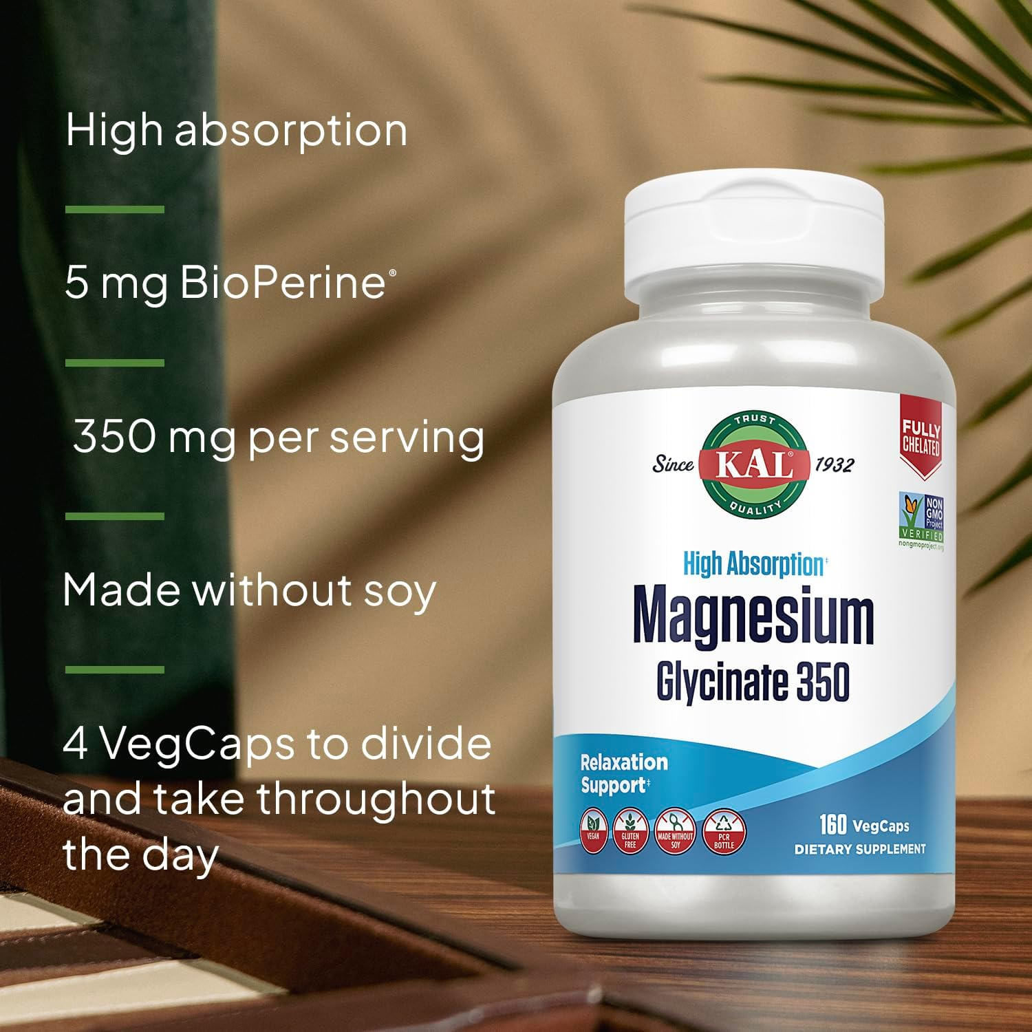 KAL High Absorption Magnesium Glycinate 350, 160 VegCaps