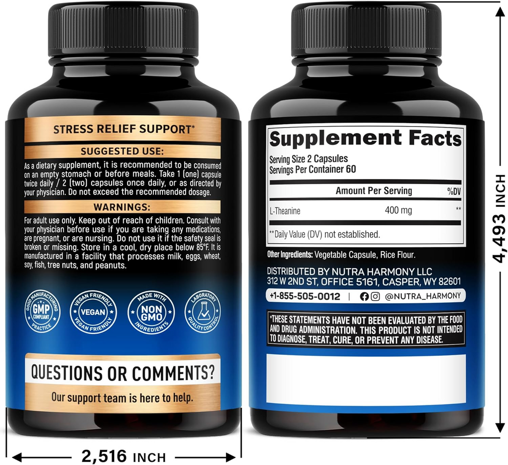 Nutra Harmony L-Theanine Capsules 400mg 120 Count