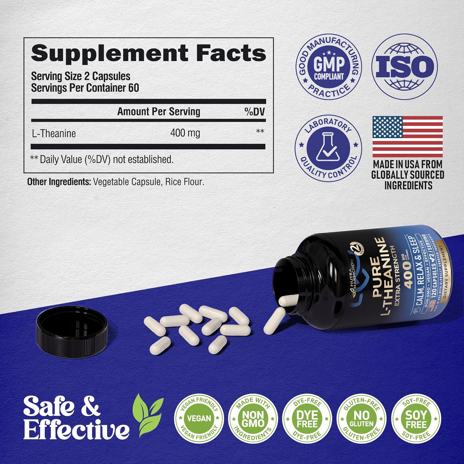 Nutra Harmony L-Theanine Capsules 400mg 120 Count