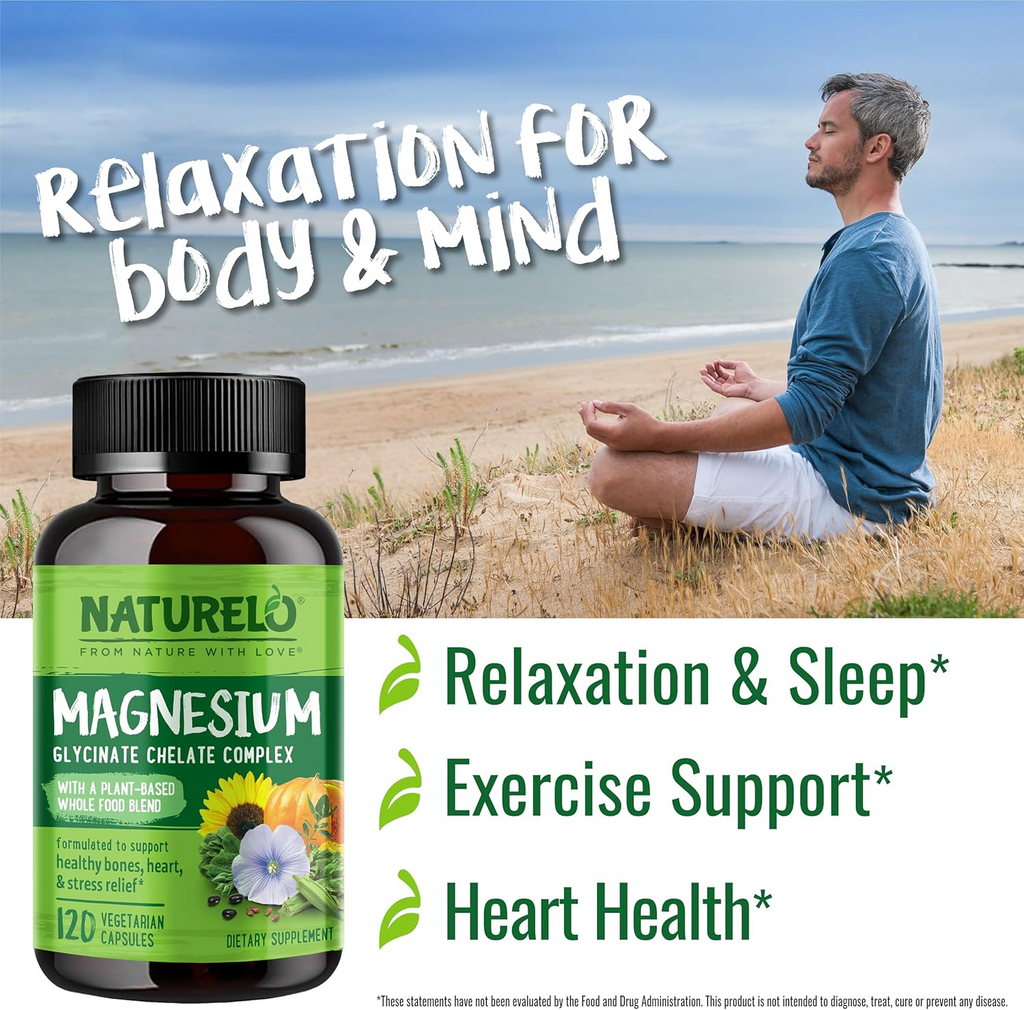 NATURELO Magnesium Glycinate Chelate Complex, 120 Vegetarian Capsules