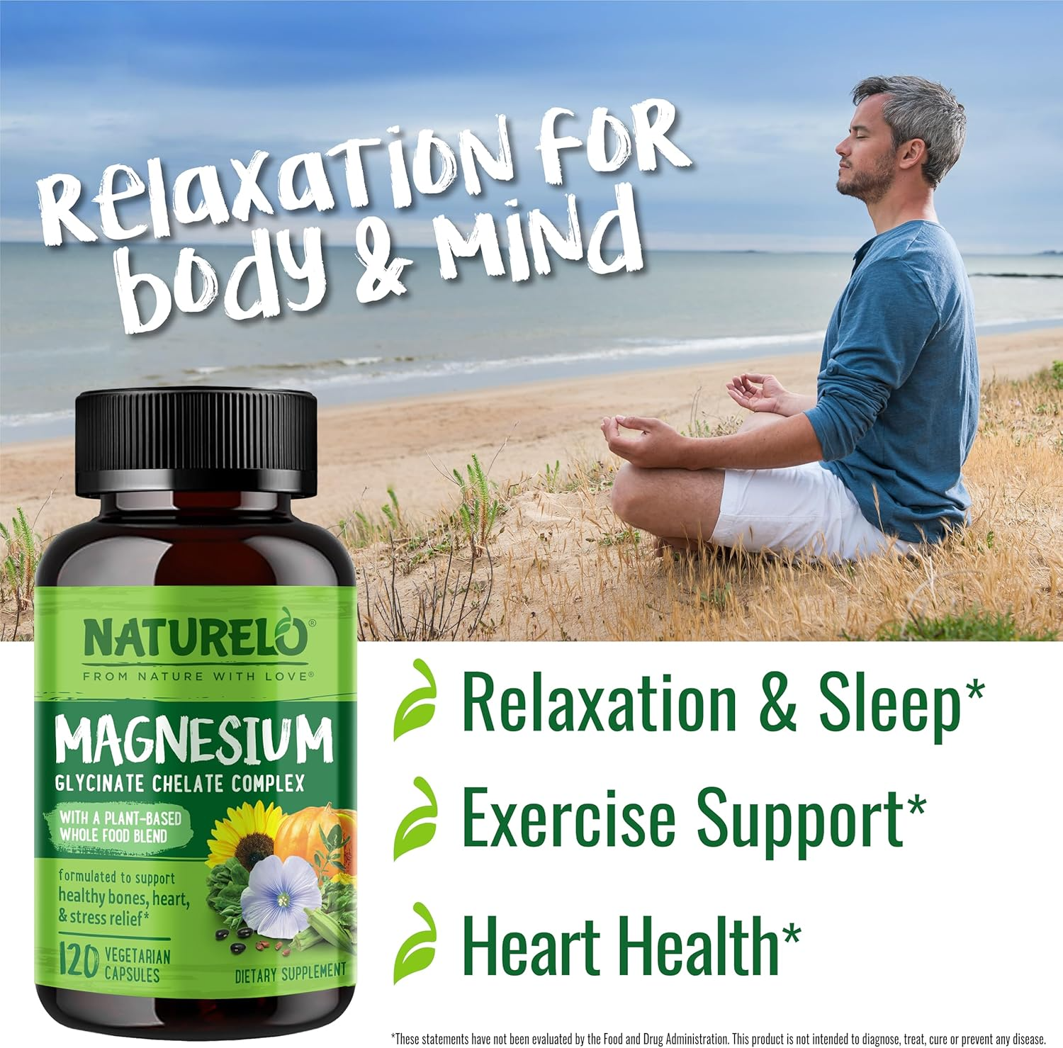 NATURELO Magnesium Glycinate Chelate Complex, 120 Vegetarian Capsules