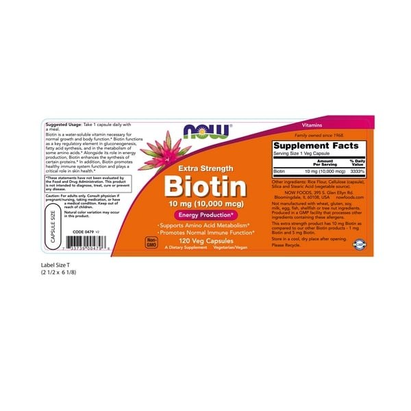 NOW Foods Biotin 10 mg (10,000 mcg), Extra Strength 120 Veg Capsules