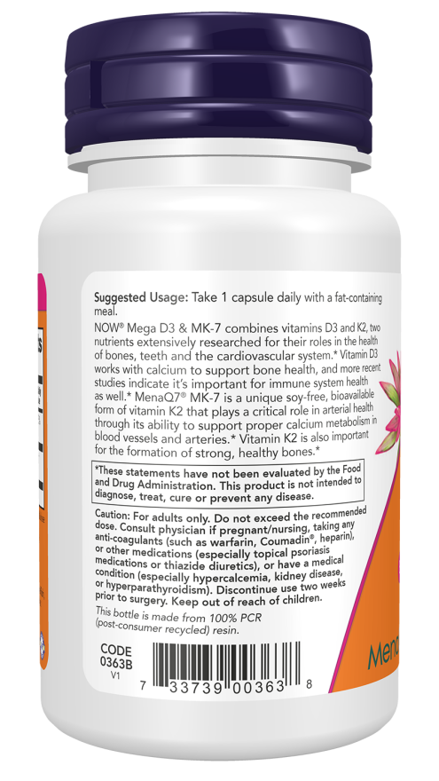 Now Foods Mega D-3 & MK-7 5000 IU / 180 mcg 60 Capsules