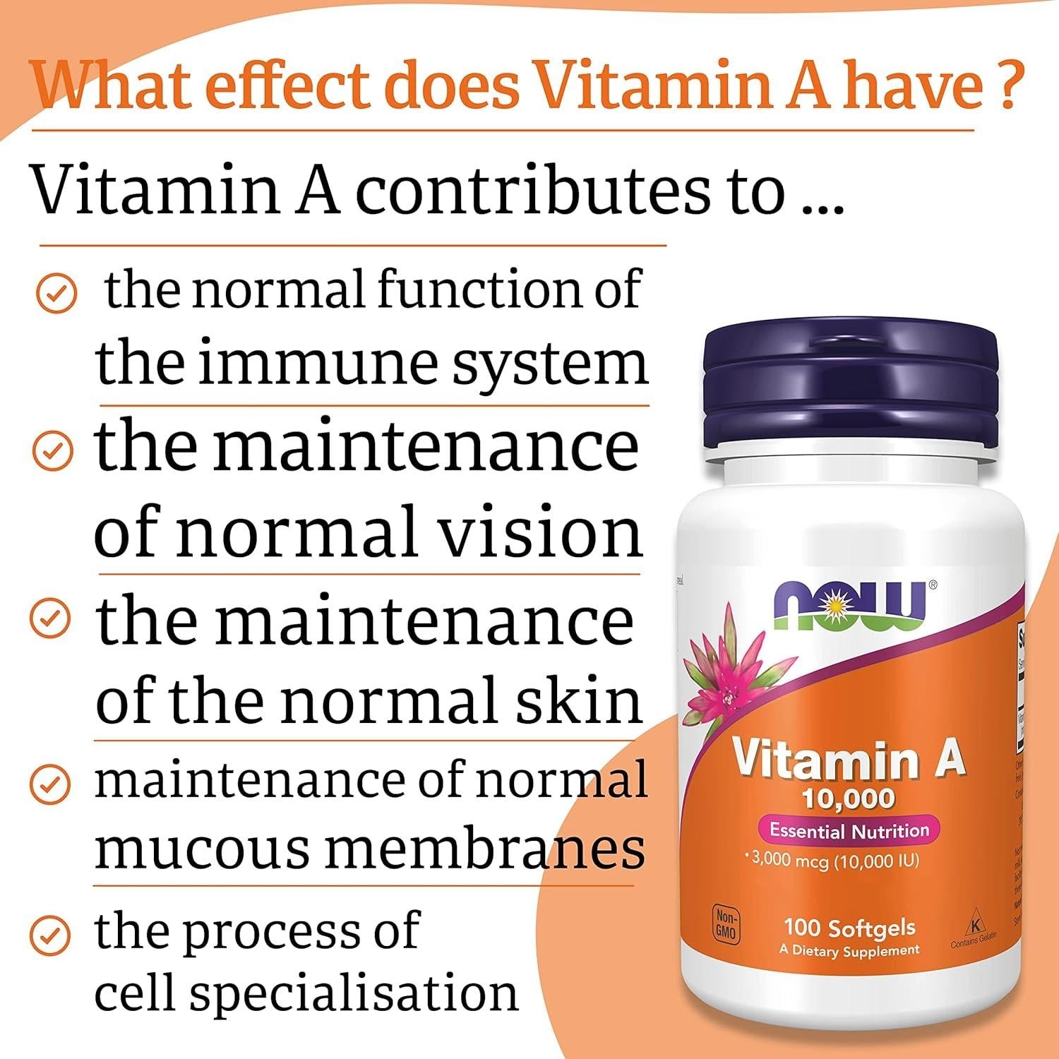 NOW Foods Vitamin A 10,000 IU (3,000 mcg)  100 Softgels