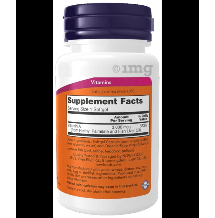 NOW Foods Vitamin A 10,000 IU (3,000 mcg)  100 Softgels