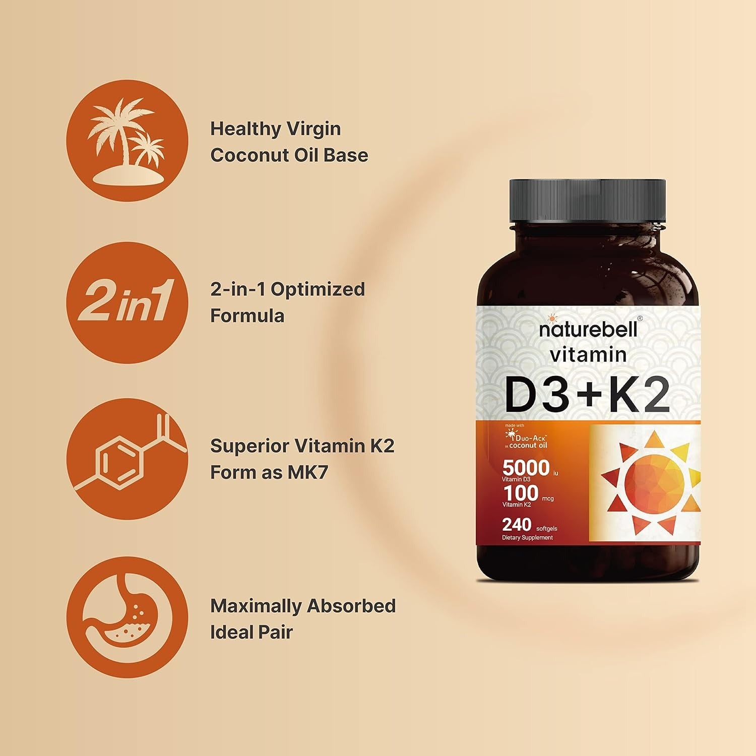 NatureBell Vitamin D3 5,000 IU + K2 100 mcg, 240 Softgels