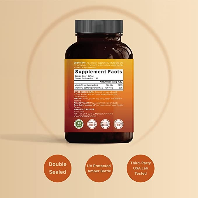 NatureBell Vitamin D3 5,000 IU + K2 100 mcg, 240 Softgels