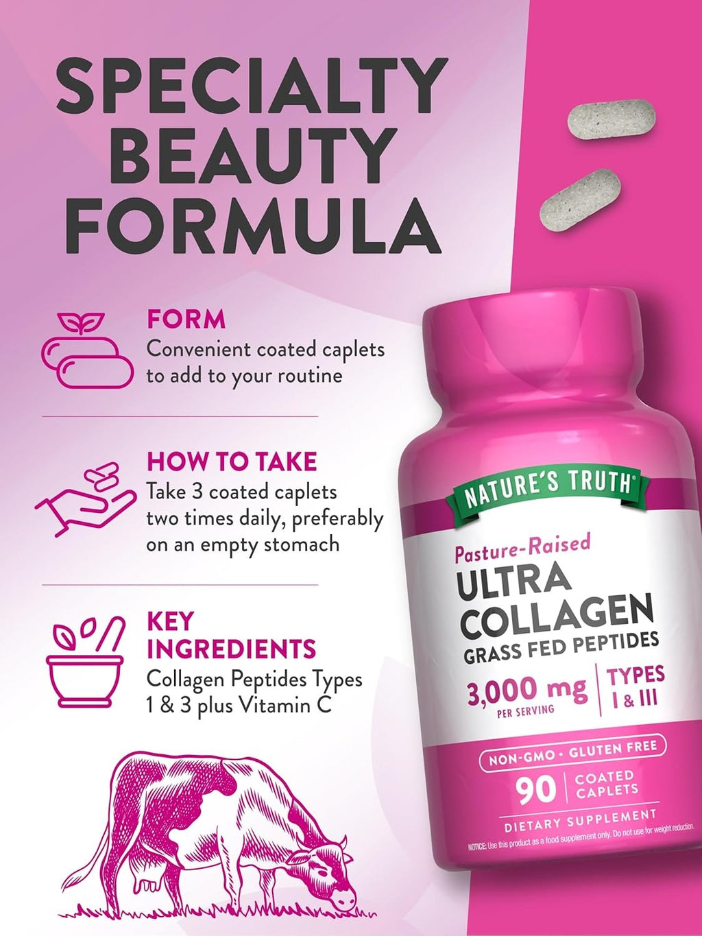 Nature's Truth Hydrolyzed Collagen 3000 Mg Type I & III with Vitamin C, 90 Count