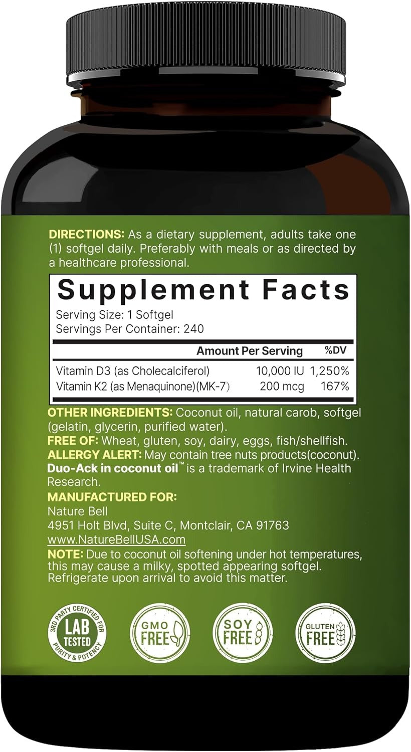 Naturebell Vitamin D3 K2 10,000 IU Vitamin D + 200mcg Vitamin K 240 Softgels