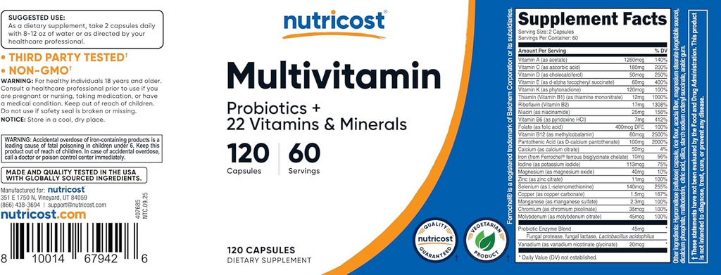 Nutricost Multivitamin Probiotics + 22 Vitamins & Minerals, 120 Capsules