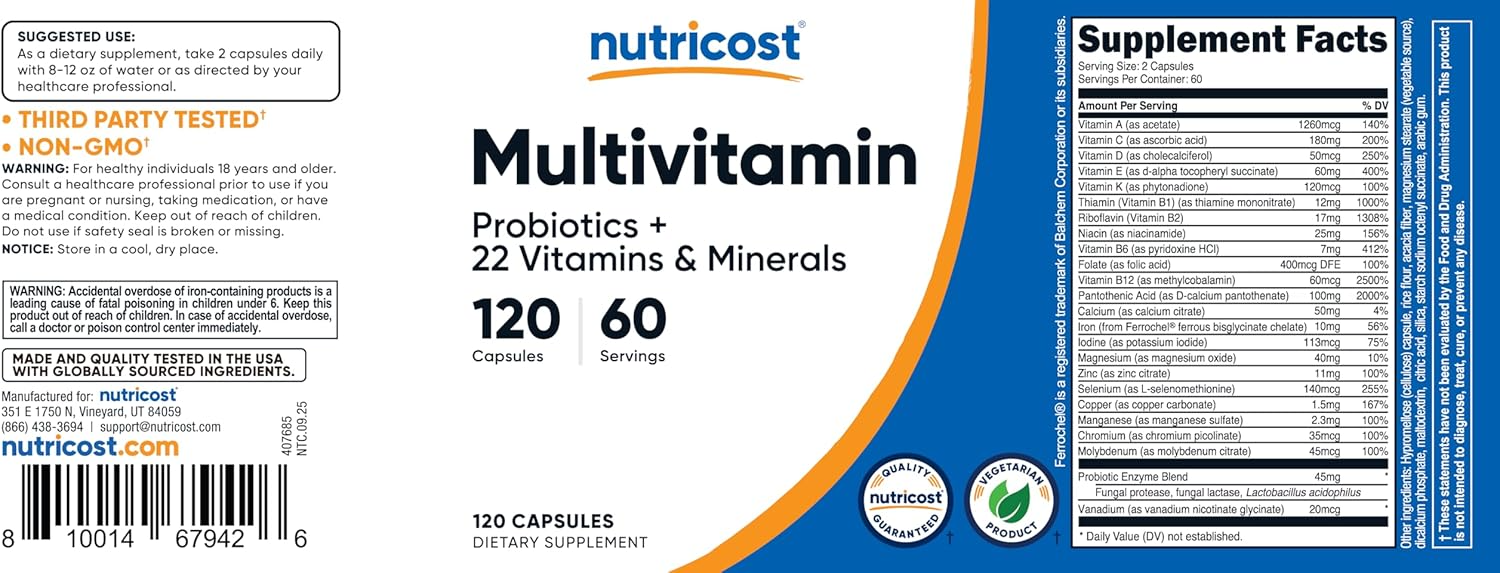 Nutricost Multivitamin Probiotics + 22 Vitamins & Minerals, 120 Capsules