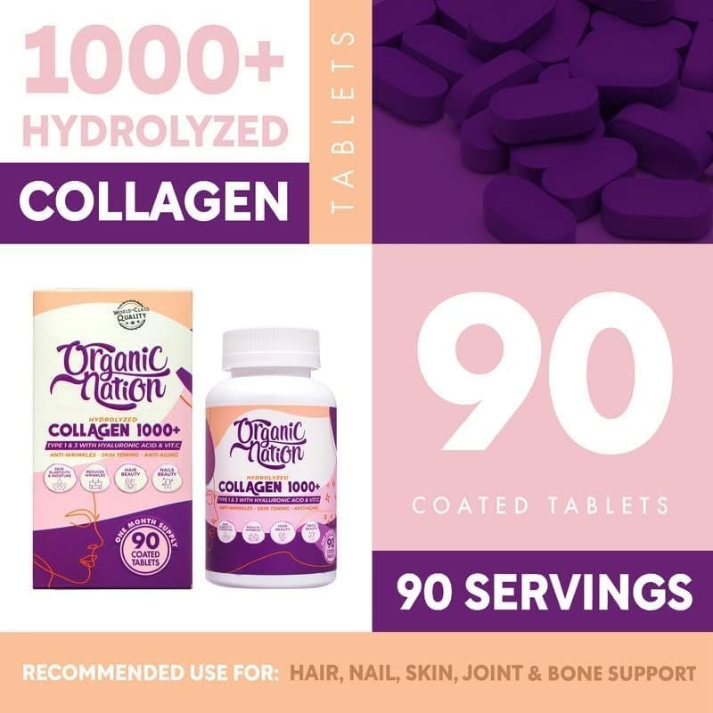 ORGANIC NATION Hydrolyzed Collagen 1000+ 90 Coated Tablets