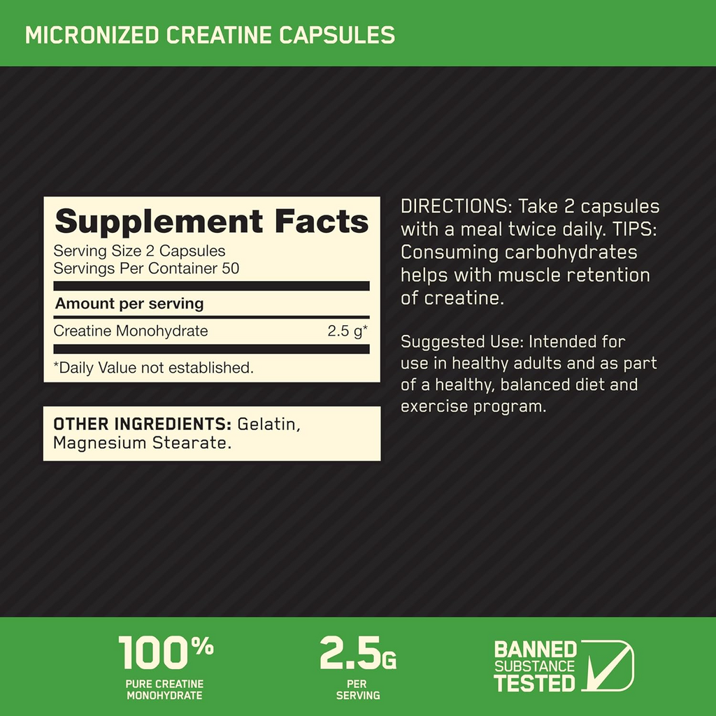 Optimum Nutrition Micronized Creatine Capsules 100 Capsules (1.25 g per Capsule)