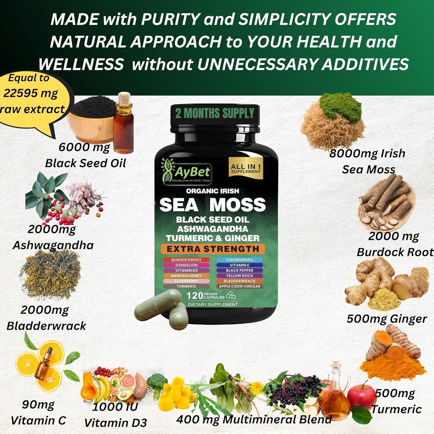 Organic Irish Sea Moss, Black Seed Oil, Ashwagandha, Turmeric,Ginger Capsule
