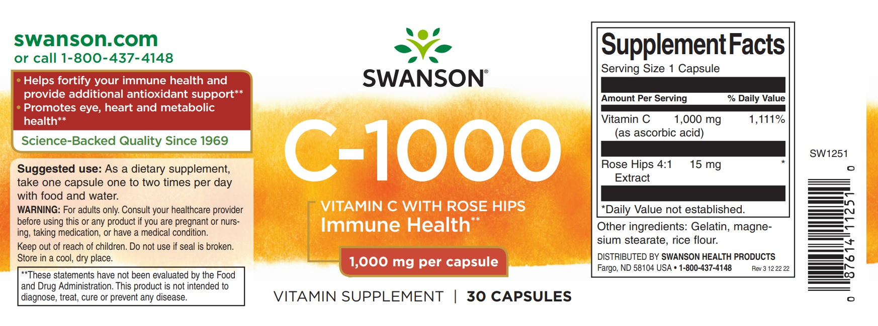Swanson C-1000 Vitamin C With Rose Hips, 90 Vegan Capsules