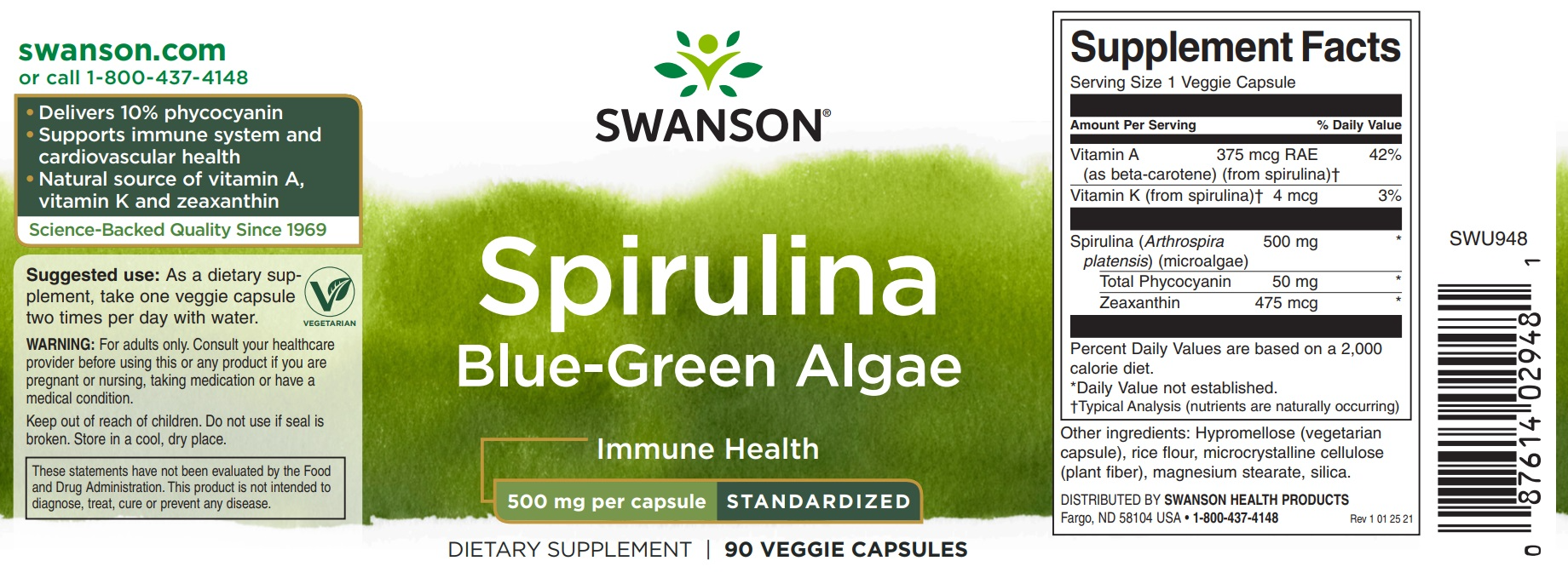 Swanson Spirulina Blue-Green Algae Standardised 500mg 90 Veg Capsules