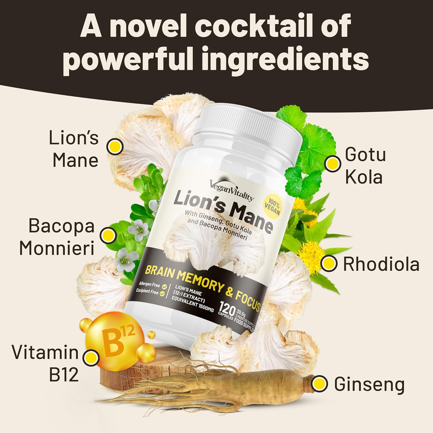 Vegan Vitality Lions Mane Capsules - 120 Count