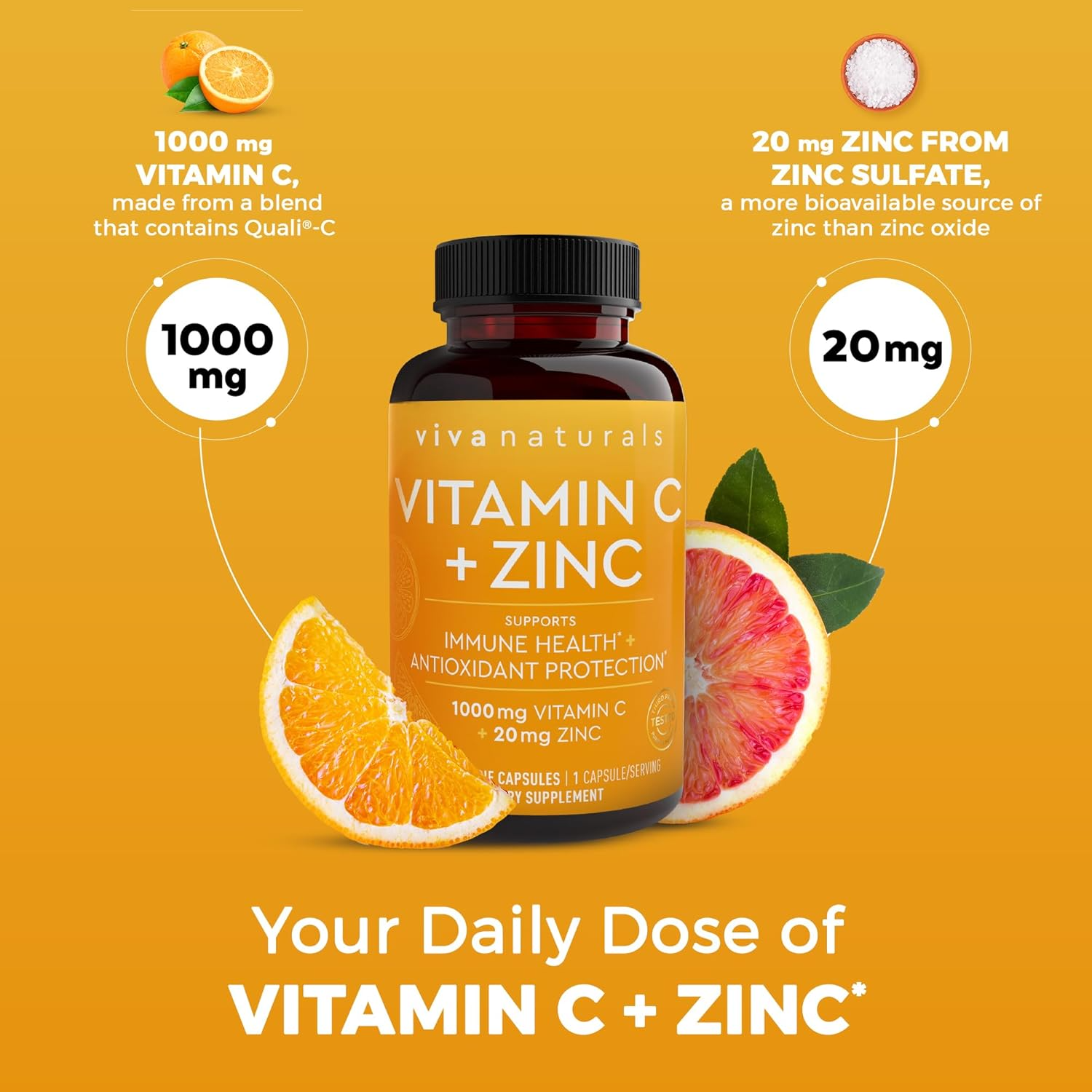 Viva Naturals Vitamin C and Zinc - 1000mg Vitamin C with Zinc 20mg - 250 count