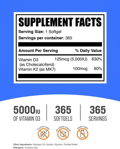 Bulk Supplements Vitamin D3 + K2 5000 IU Softgels | 365 Count