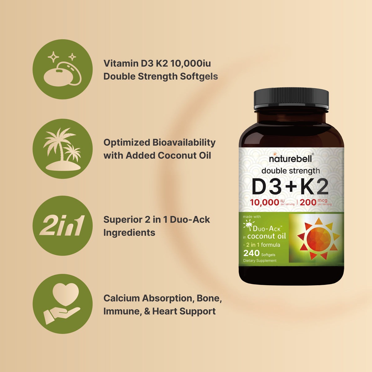 Naturebell Vitamin D3 K2 10,000 IU Vitamin D + 200mcg Vitamin K 240 Softgels