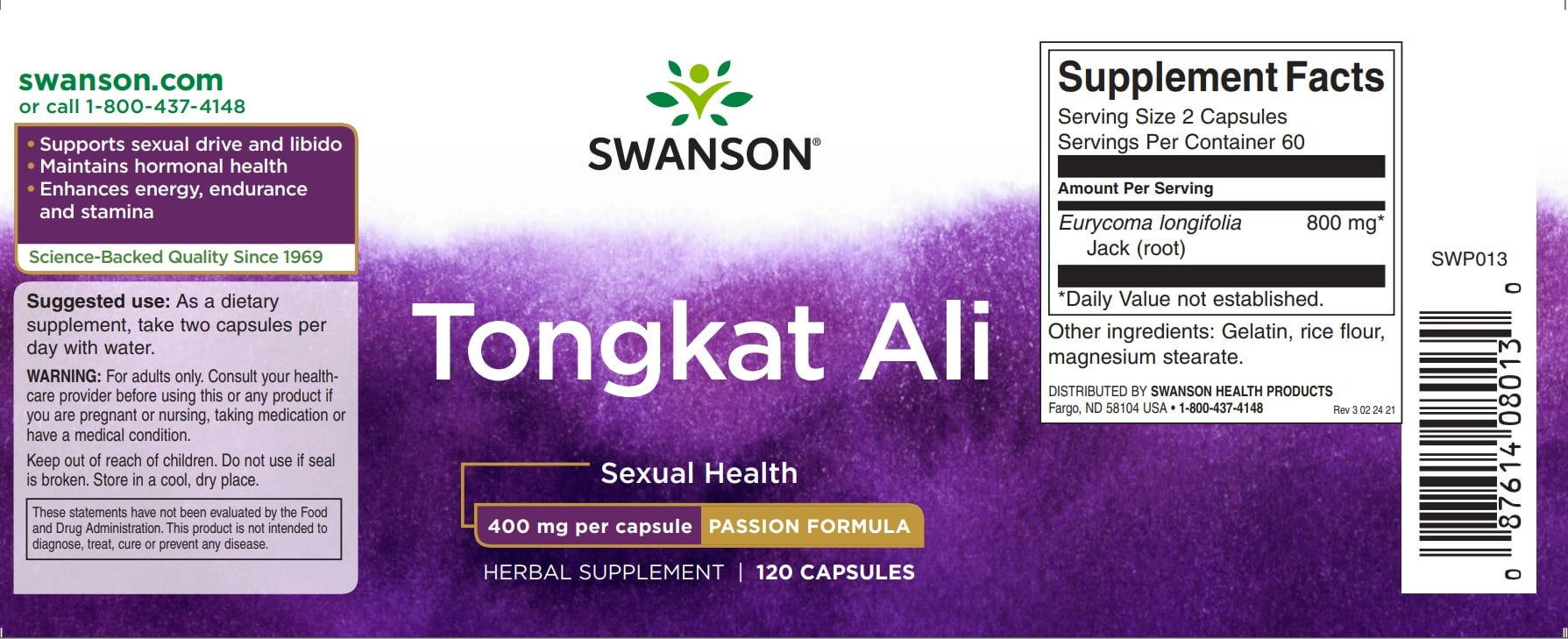 Swanson Tongkat Ali 400 mg, 120 Vegan Capsules